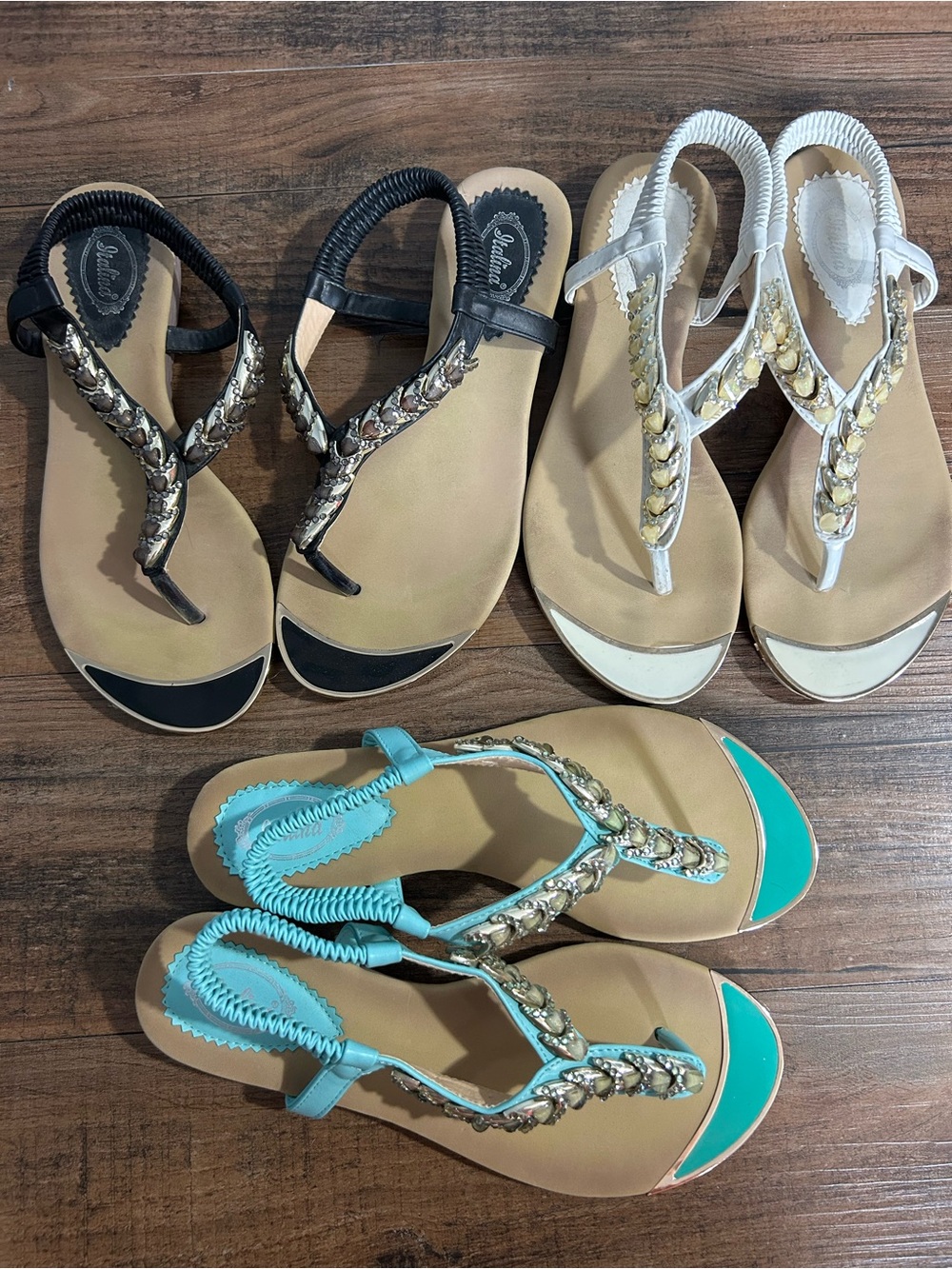 Women's Jeweled T‑Strap Sandals - Turquoise, Black, White Sz 9